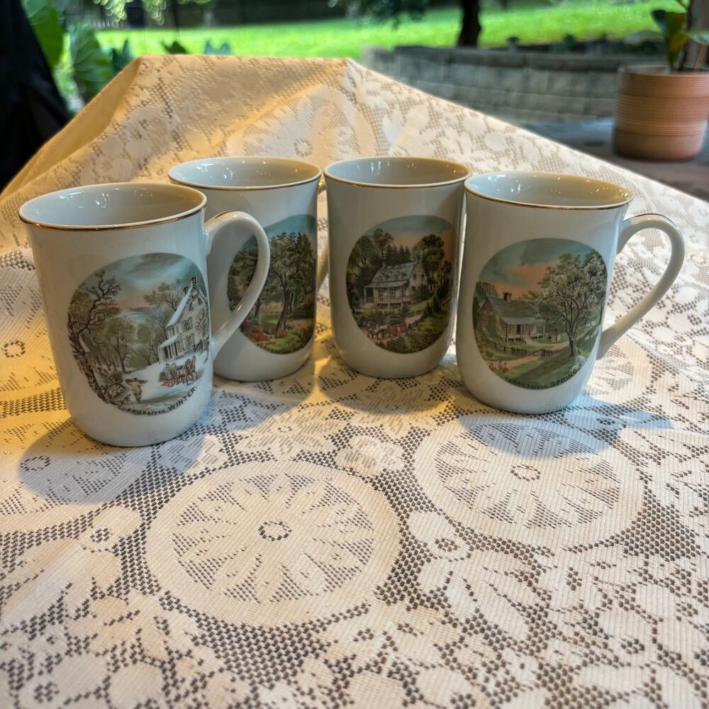 Vintage Set of 4 Courier and Ives Colonial Country Side Four Seasons Mugs Armbee